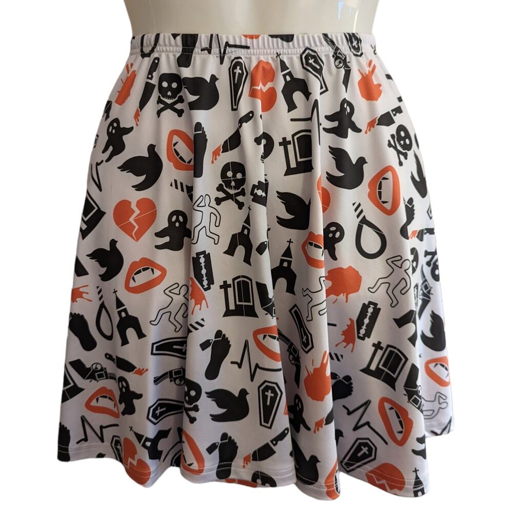 Cow Cow Red Black Death Print Stretchy Elastic Waist Above Knee Skater Skirt XL